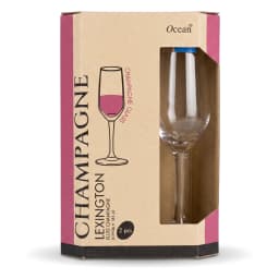Clear glass champagne flute with a slender stem and wide base, next to a brown and pink retail box for a 2-piece set, 185ml… - view 4