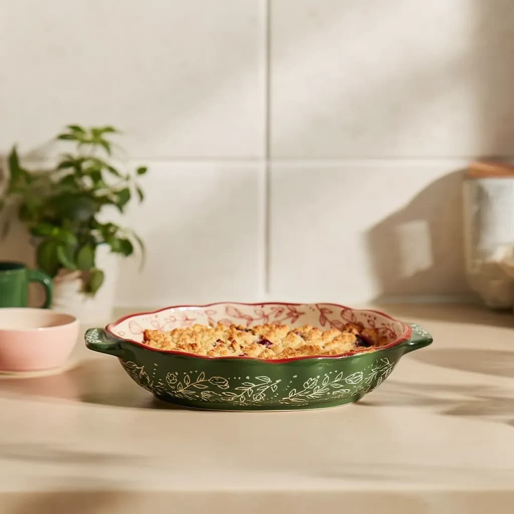Oval Porcelain Baking Dish - Green & Red Floral