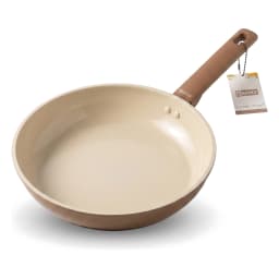 Beige ceramic frying pan with a brown handle, 28cm, non-stick, on a white background. - view 3