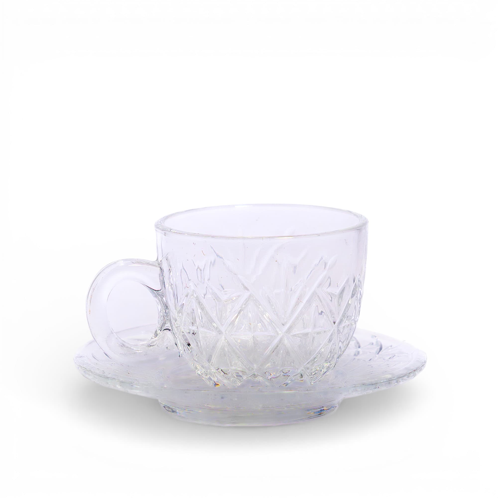 Glass Cup & Saucer Set - Diamond Pattern
