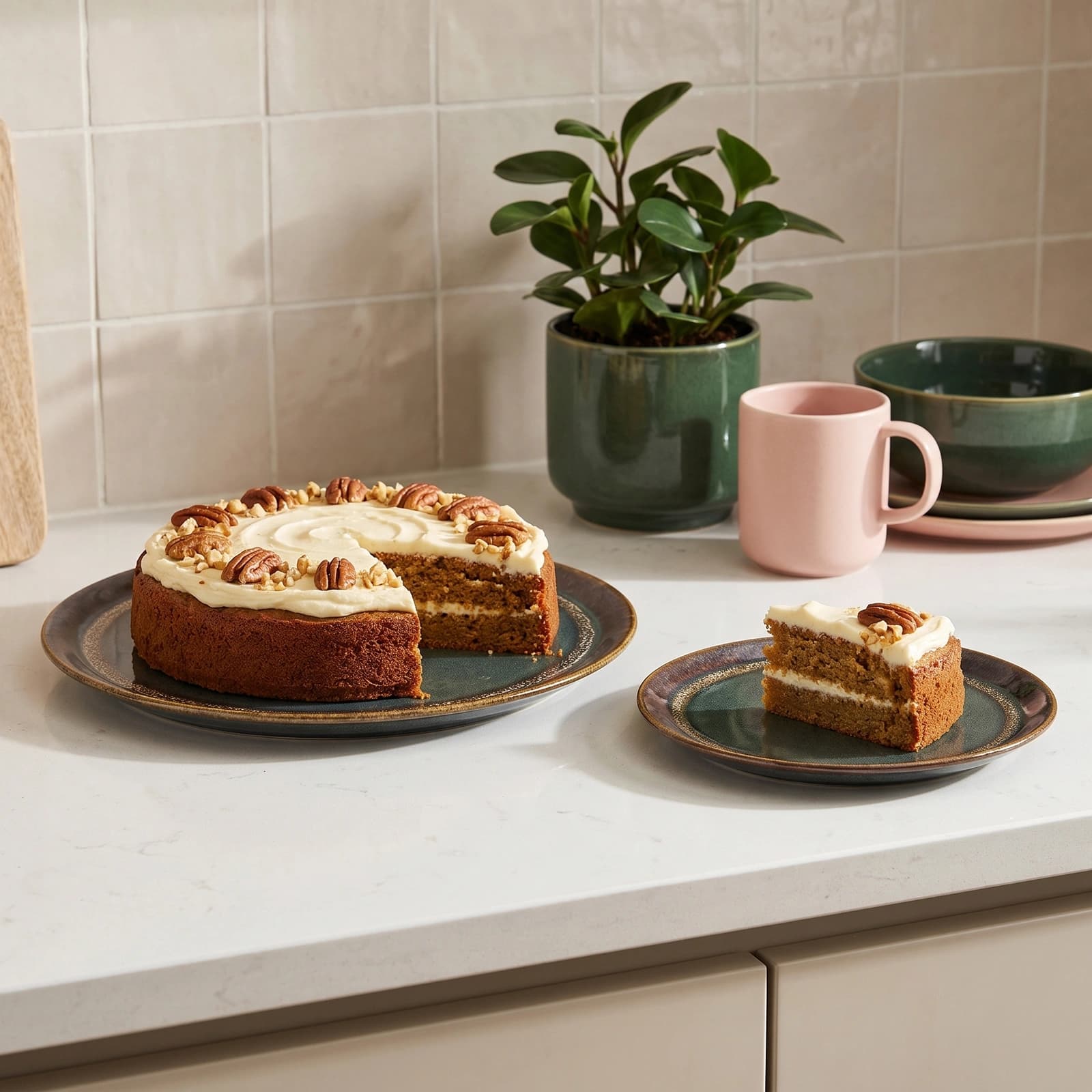Two round deep blue ceramic plates with rustic gold rims, one large with a carrot cake, one small with a slice, on a white c…