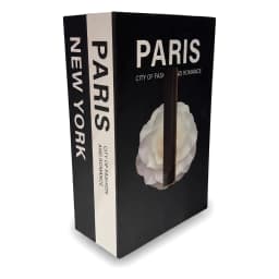 Black and white cartoon tissue box shaped like a book with 'PARIS' and flower design on a white shelf - view 2