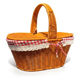 Orange-brown khous woven picnic basket with a red and white gingham fabric lining and white lace trim, shown with lid partia… - view 4
