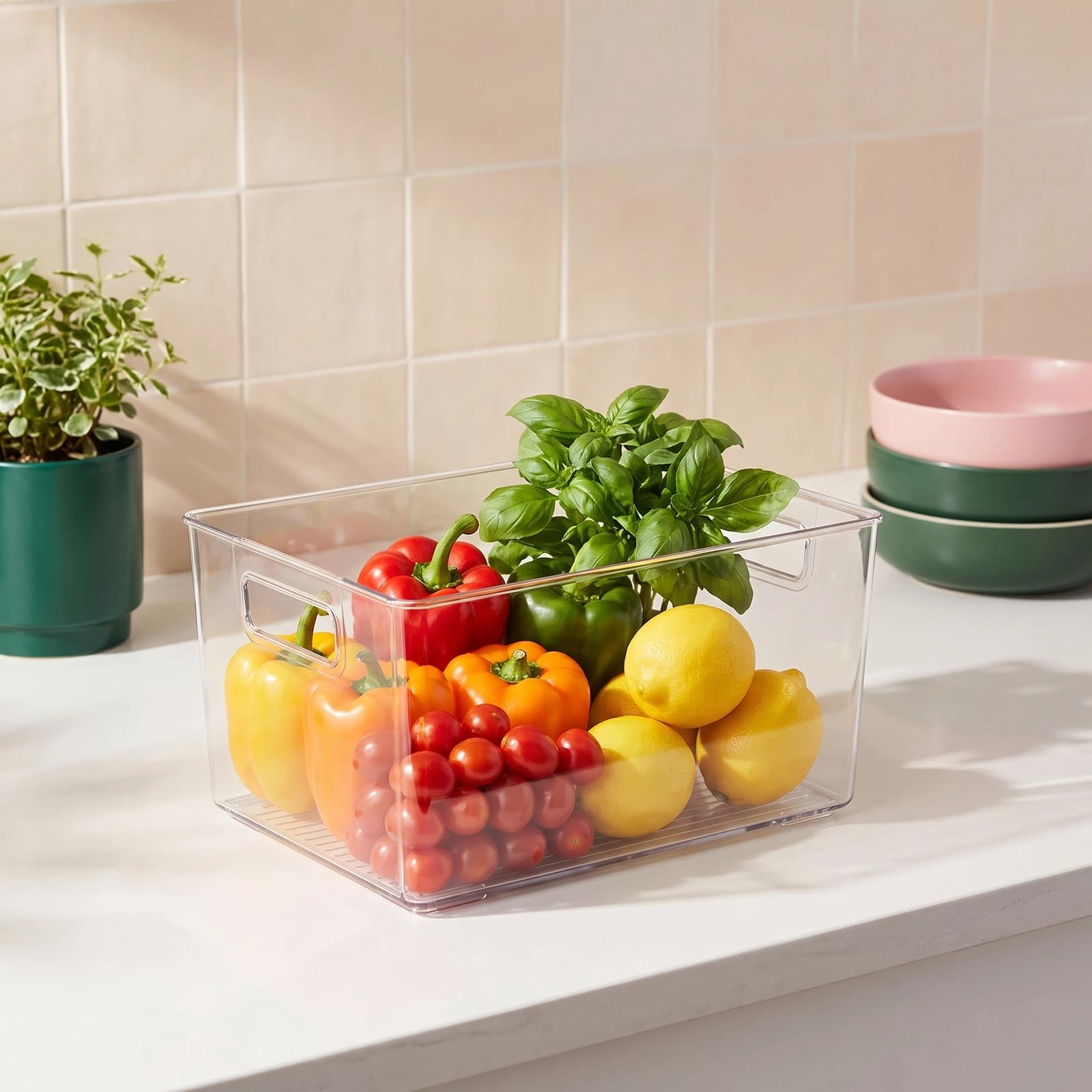 Clear rectangular acrylic storage bin with integrated handles and ribbed bottom, placed on a white shelf.