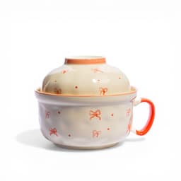 Ceramic Noodle Bowl with Lid & Handle - Orange Bows - view 1
