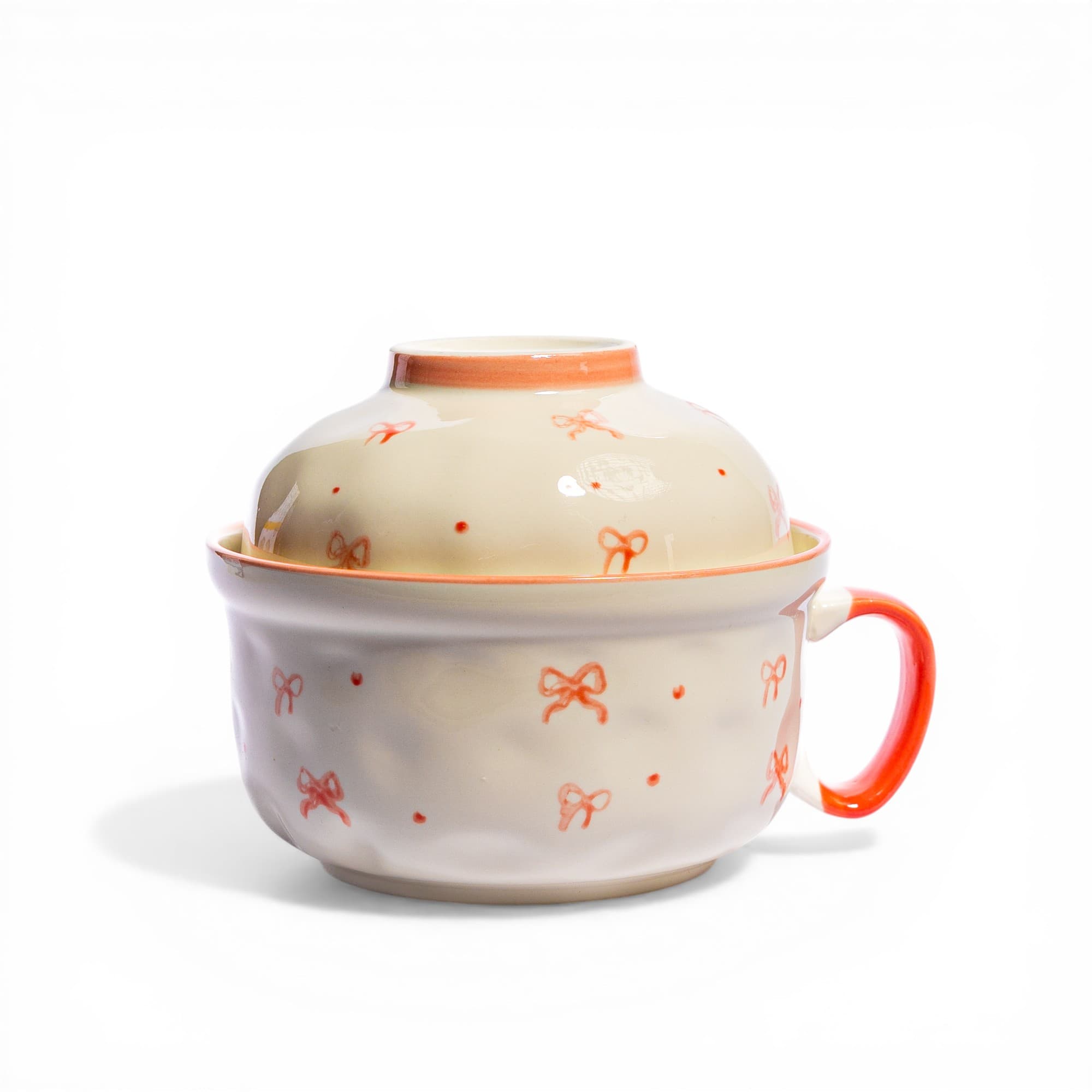 Ceramic Noodle Bowl with Lid & Handle - Orange Bows