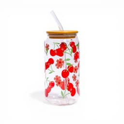 Glass Can Cup with Straw & Bamboo Lid - Cherry Design - view 1