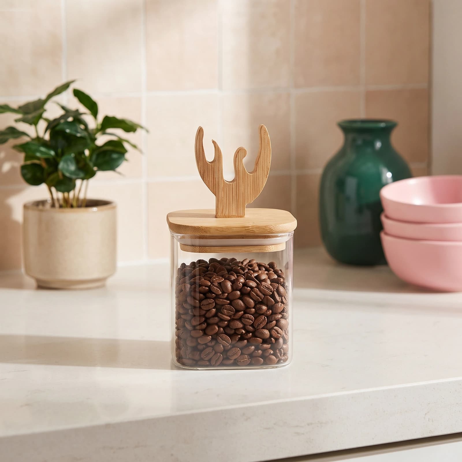Square Glass Storage Jar with Decorative Wood Lid