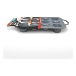 Grey silicone baking tray with 12 cavities, including 6 round and 6 fluted shapes, on a white background. - view 2