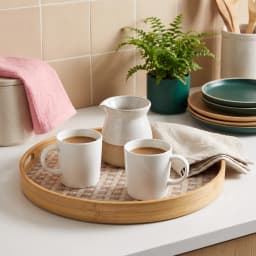 Round Wood Serving Tray - Natural Beige Woven Base 4 piece - view 1