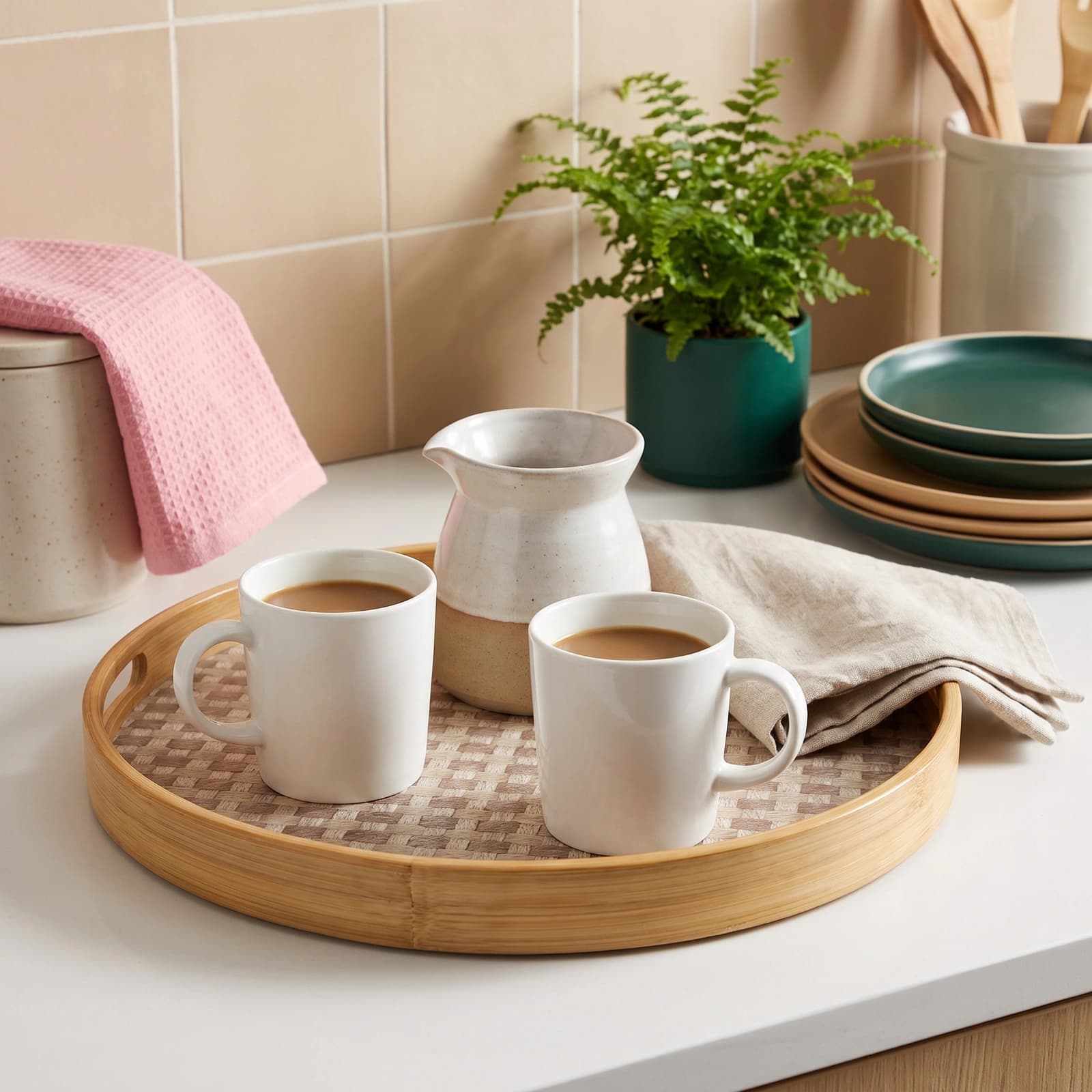 Round Wood Serving Tray - Natural Beige Woven Base 4 piece