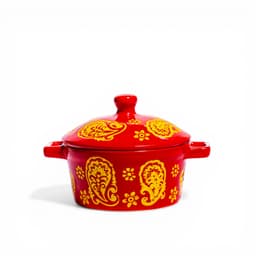 Ceramic Serving Pot with Lid - Red & Yellow Paisley - view 1