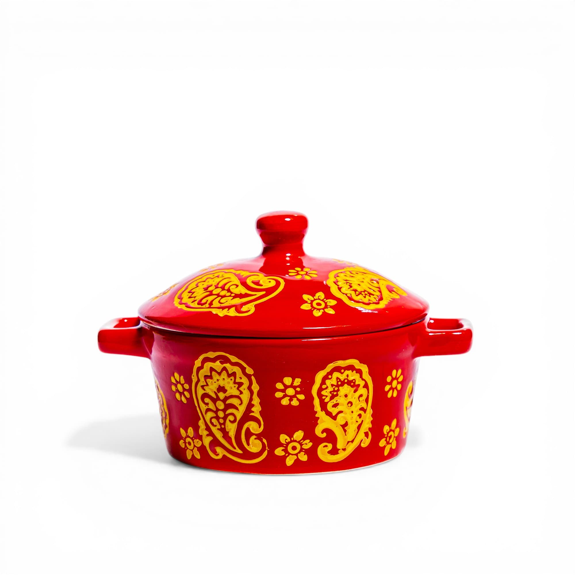 Ceramic Serving Pot with Lid - Red & Yellow Paisley