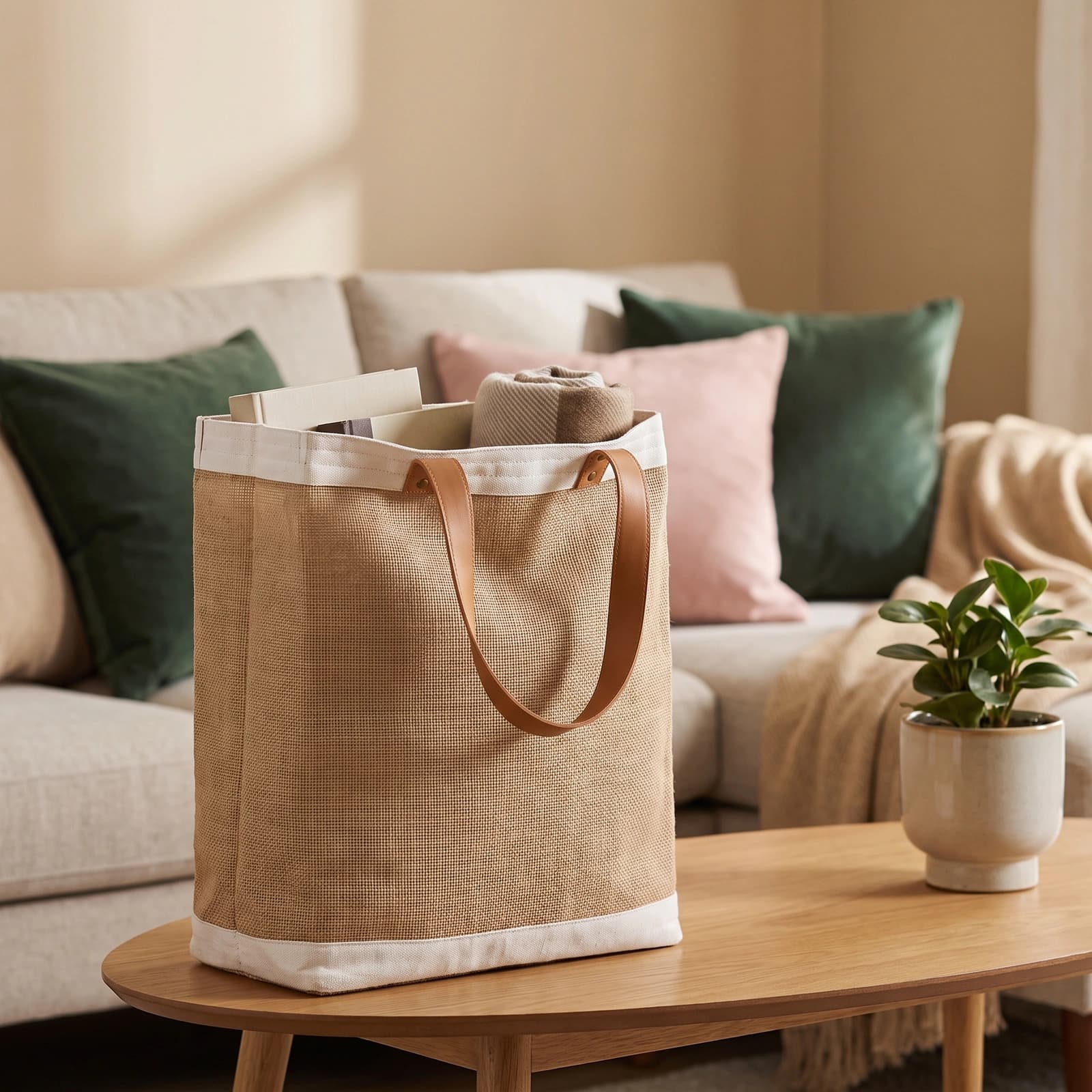 Jute Shopping Bag with Faux Leather Handles - Brown & White - Home Organizers