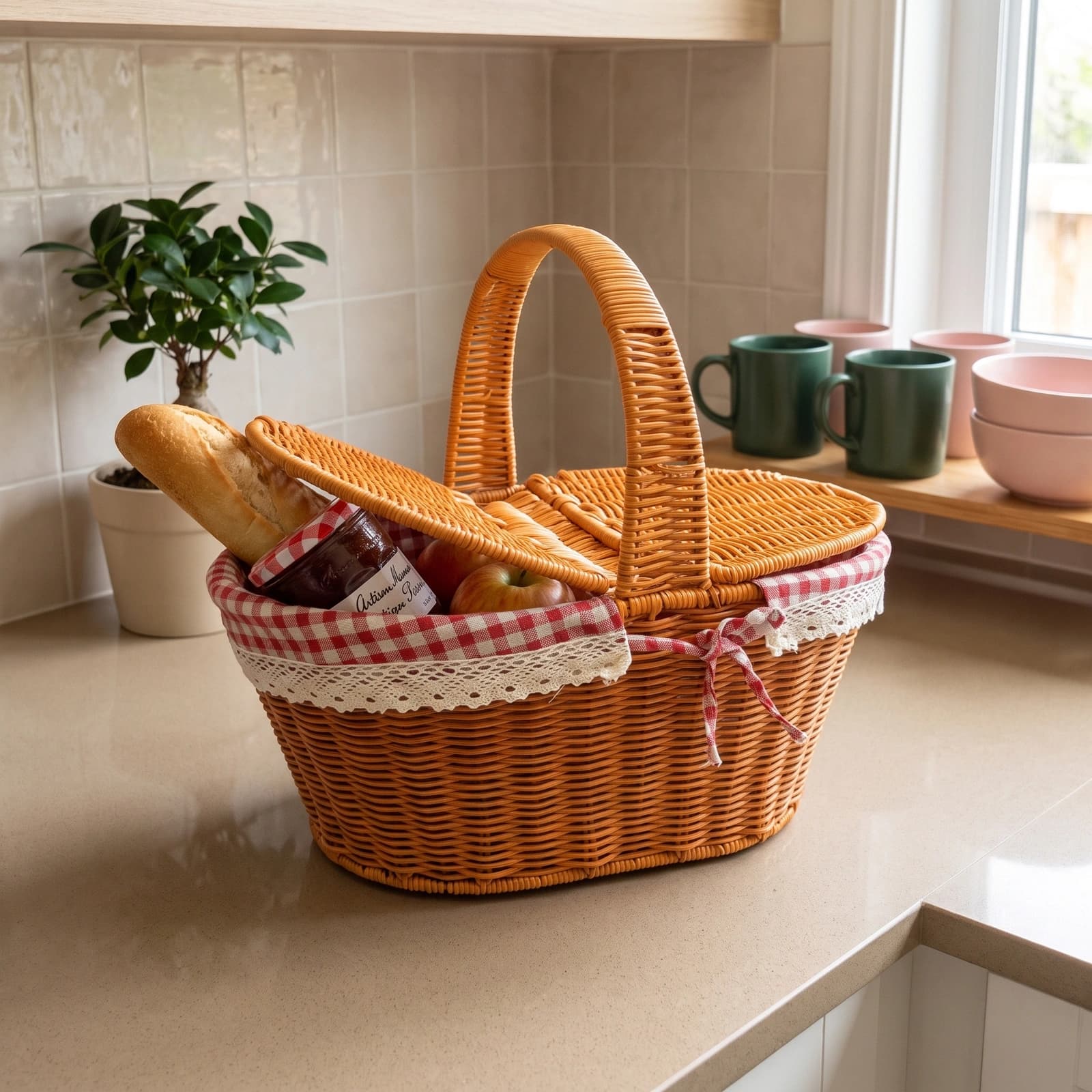 Orange-brown khous woven picnic basket with a red and white gingham fabric lining and white lace trim, shown with lid partia…