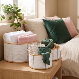 Set of three round khous storage baskets in white and natural colors, holding rolled towels, folded clothes, and books on a… - view 3