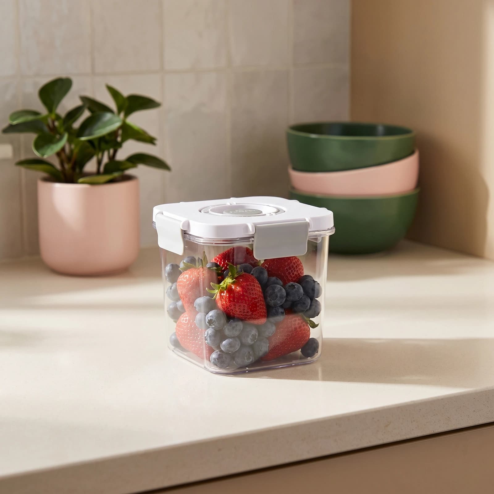 Acrylic Food Storage Container - Clear, White Lid, Airtight