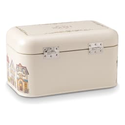 Cream metal bread box with a hinged lid, decorated with a colorful village scene illustration on a white background. - view 4