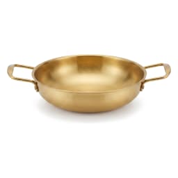 Round gold stainless steel frying pan with two loop handles, isolated on a white background - view 2