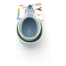 Set of four nested plastic measuring cups in shades of blue, green, and grey, with handles, on a white background. - view 3