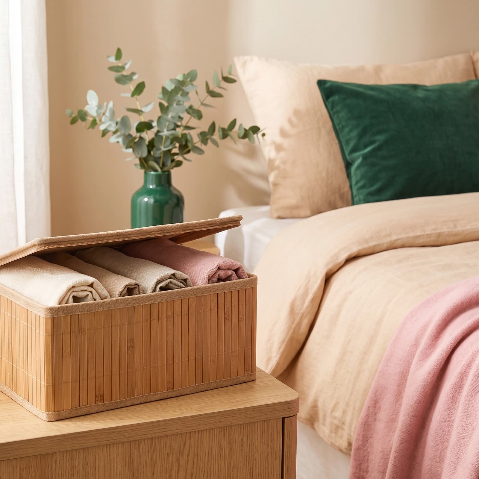Two natural brown wood and khous rectangular storage boxes with lids, one partially open, filled with rolled textiles.