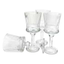 Dark blue box with white line drawings of six clear ribbed glass stemware glasses on a white background. - view 2