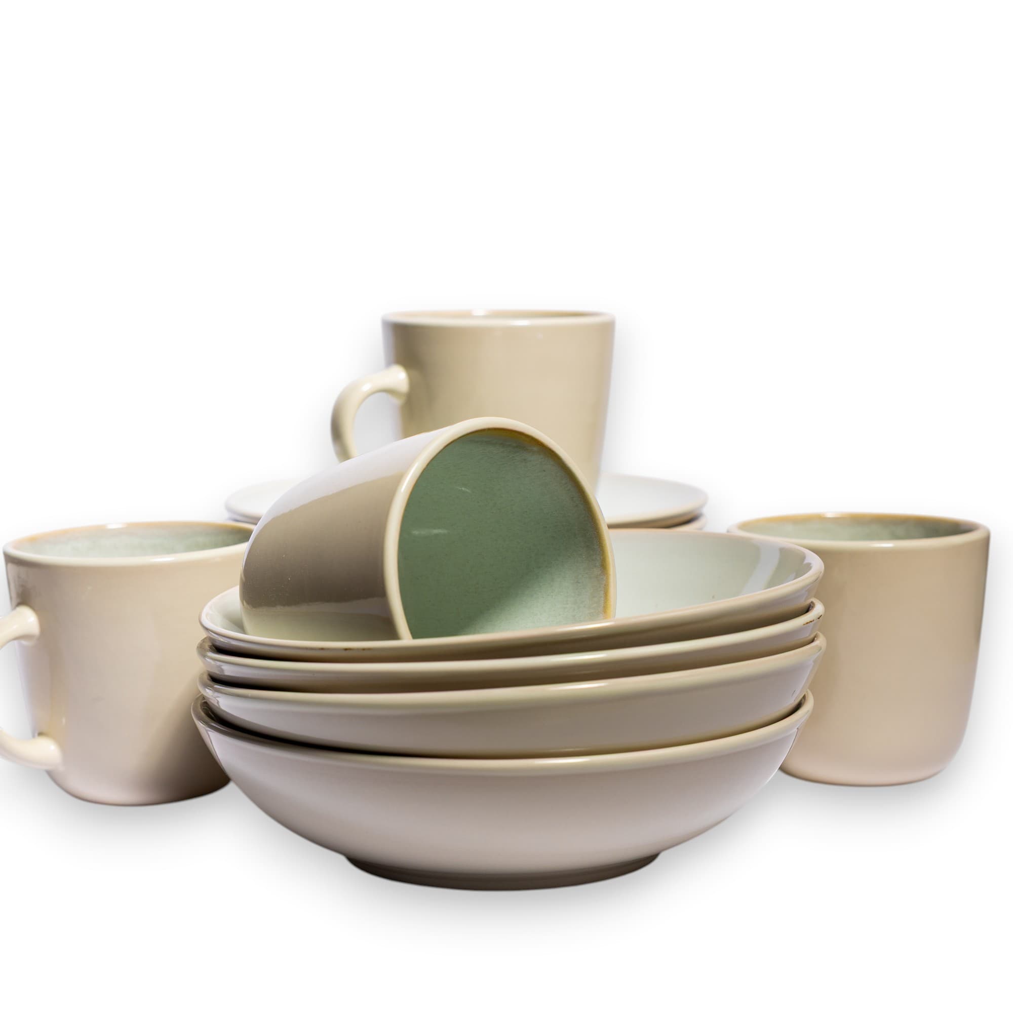 Ceramic Dinnerware Set - Beige & Green Two-Tone