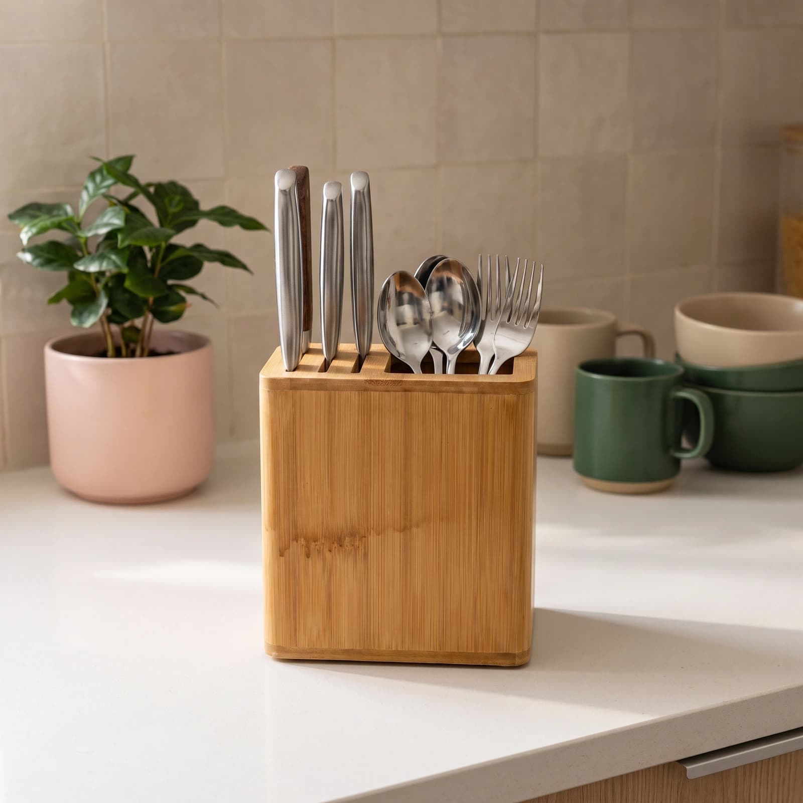 Light brown wooden knife block with three vertical slots and one larger rectangular slot on a white background.