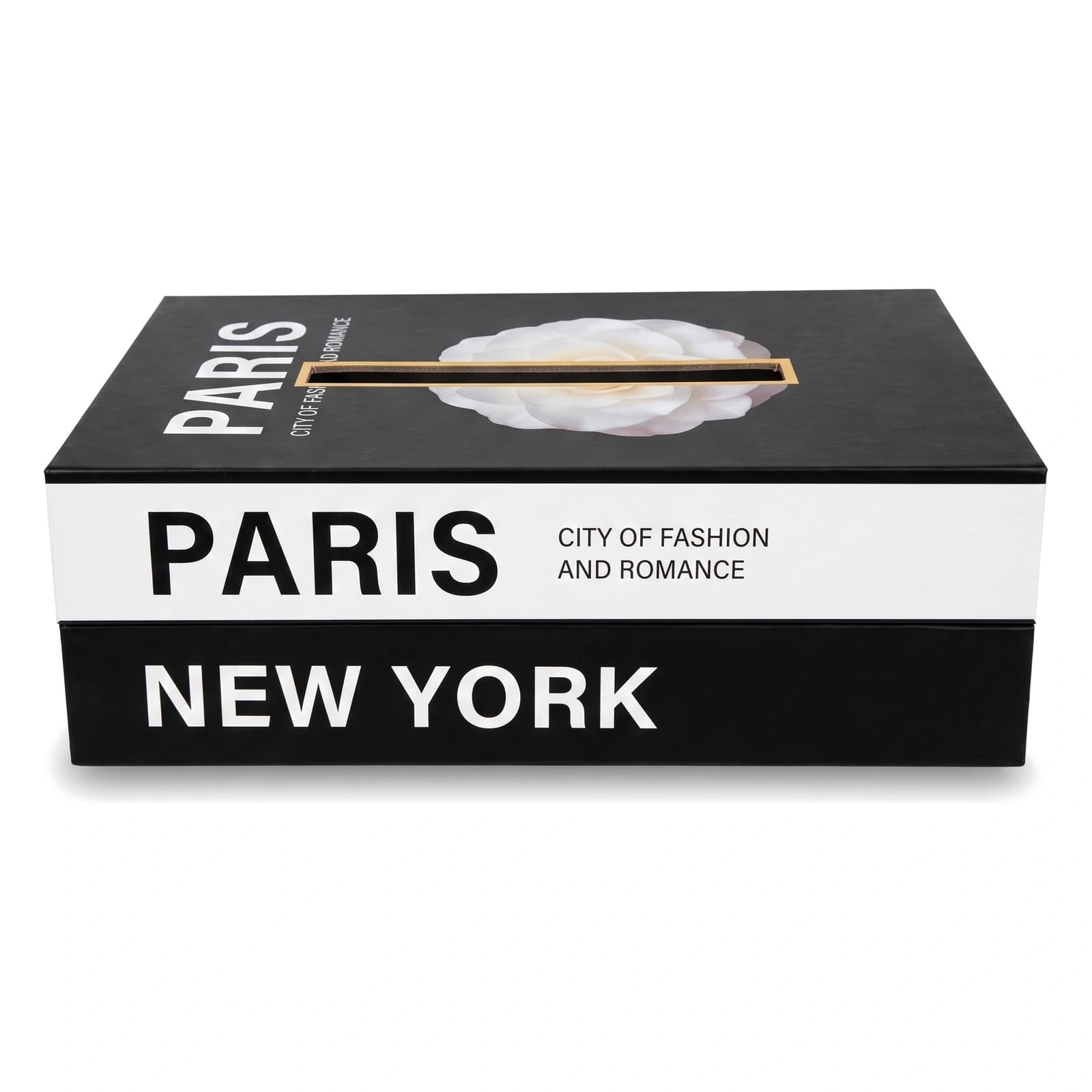 Black and white cartoon tissue box shaped like a book with 'PARIS' and flower design on a white shelf