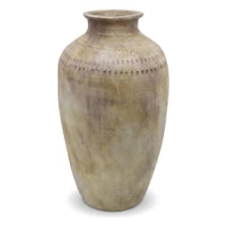 Distressed antique beige and brown porcelain vase with textured band around the neck on a white background - view 2