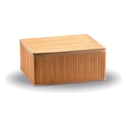 Two natural brown wood and khous rectangular storage boxes with lids, one partially open, filled with rolled textiles. - view 2