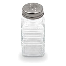 Clear ribbed glass spice shaker with a silver metal perforated lid on a plain white background. - view 2