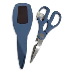Blue kitchen scissors with silver metal blades and a blue protective sheath, resting on a white background. - view 4