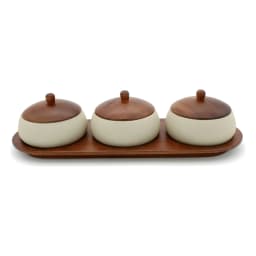 Porcelain Condiment Jars with Wood Tray - 3 Pcs Beige/Brown - view 3