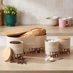 Metal Kitchen Storage Set 4 Pcs - Beige with Wooden Lids - view 1