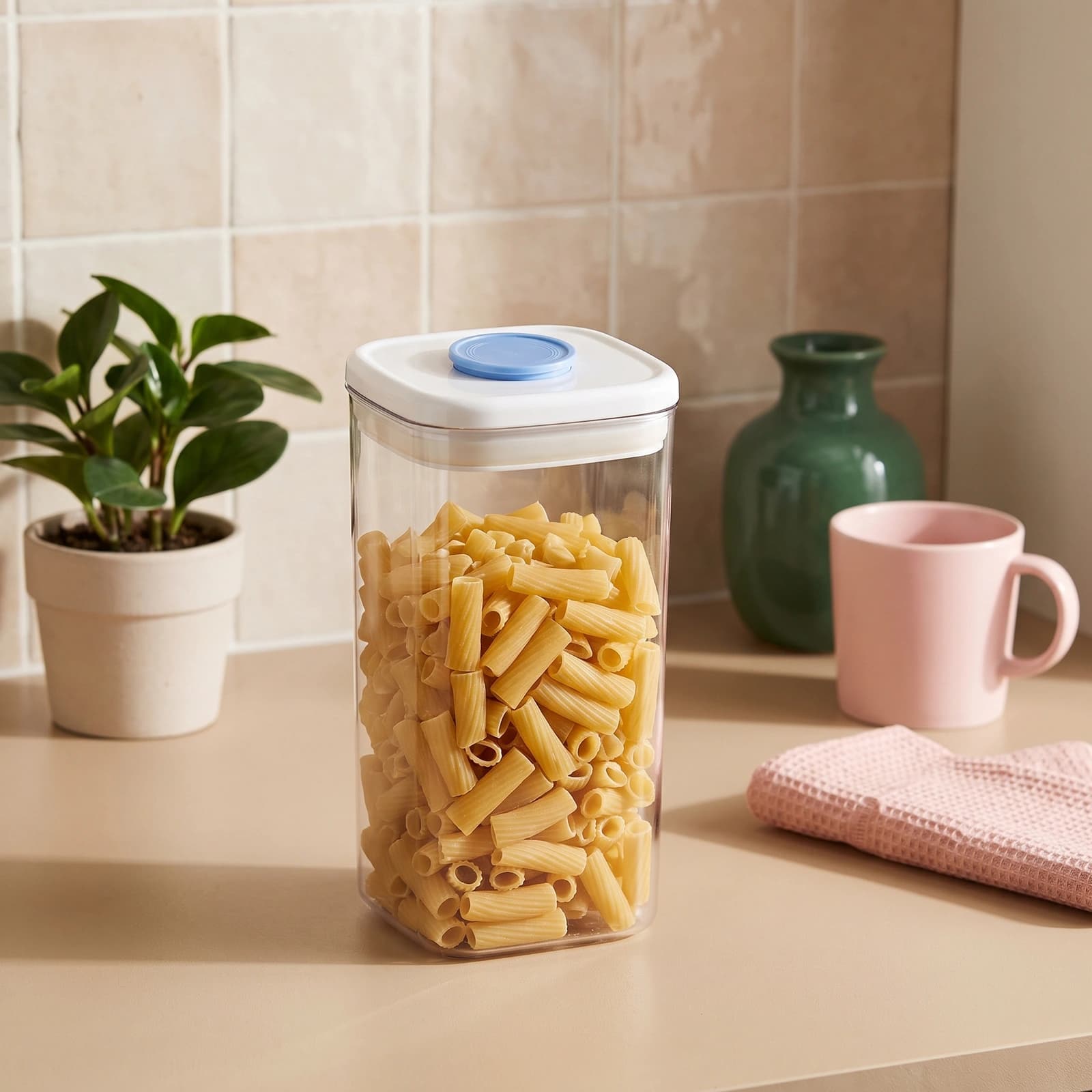 Clear Plastic Storage Container with Beige Lid