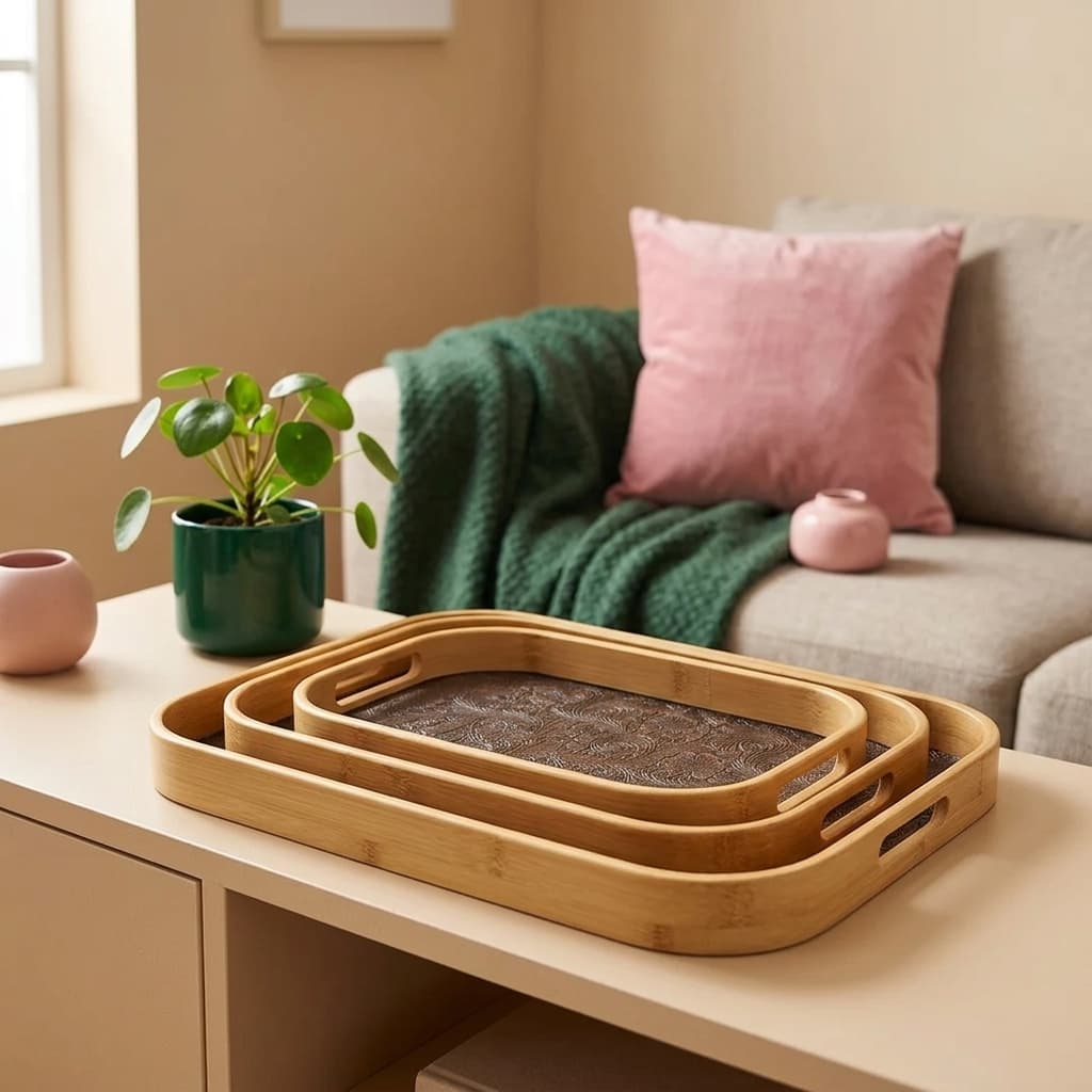 Bamboo Serving Tray Set - 3 Pieces, Brown Pattern
