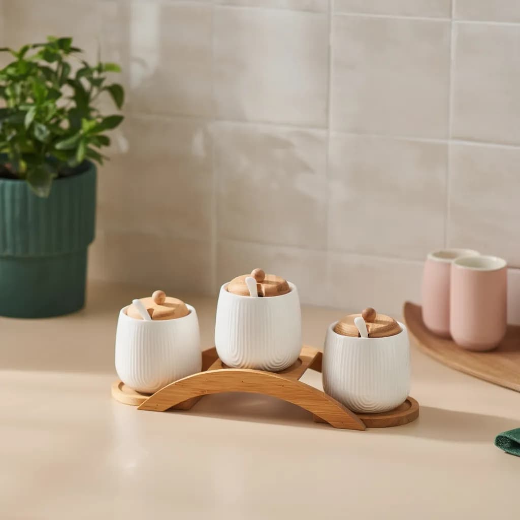 Set of 3 porcelain Storage Jars with Bamboo Lids & Stand - White