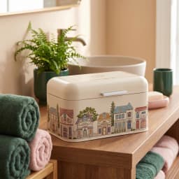 Cream metal bread box with a hinged lid, decorated with a colorful village scene illustration on a white background. - view 1