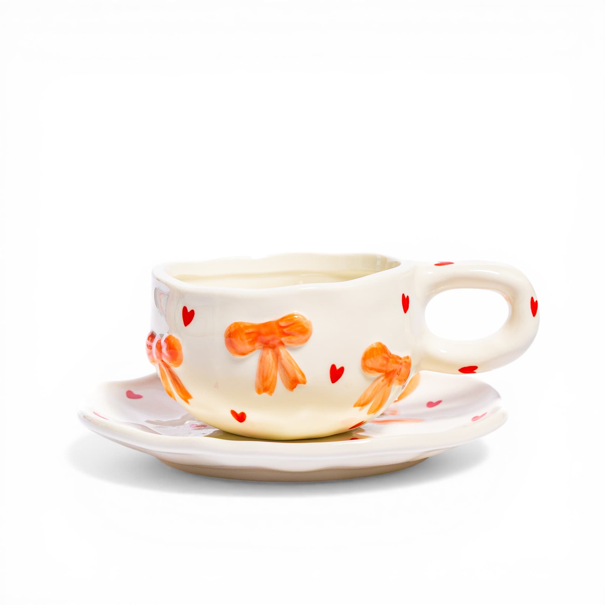 Ceramic Mug & Saucer Set - Cream with Bows & Hearts Design
