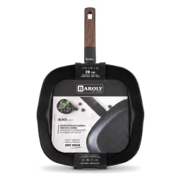 Black square granite grill pan with a dark brown wood-look handle, 28 cm, on a white shelf. - view 2
