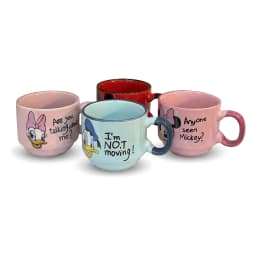 Four colorful ceramic mugs, pink, red, light blue, light pink, stacked on a black metal stand, each with a Disney character… - view 5