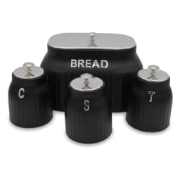 Four-piece black porcelain kitchen storage set with silver lids and knobs, including a bread bin and three canisters labeled… - view 2