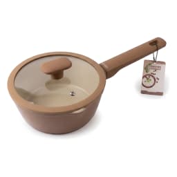 Brown ceramic saucepan with a beige interior and a clear glass lid, featuring a matching brown handle, on a white background. - view 2
