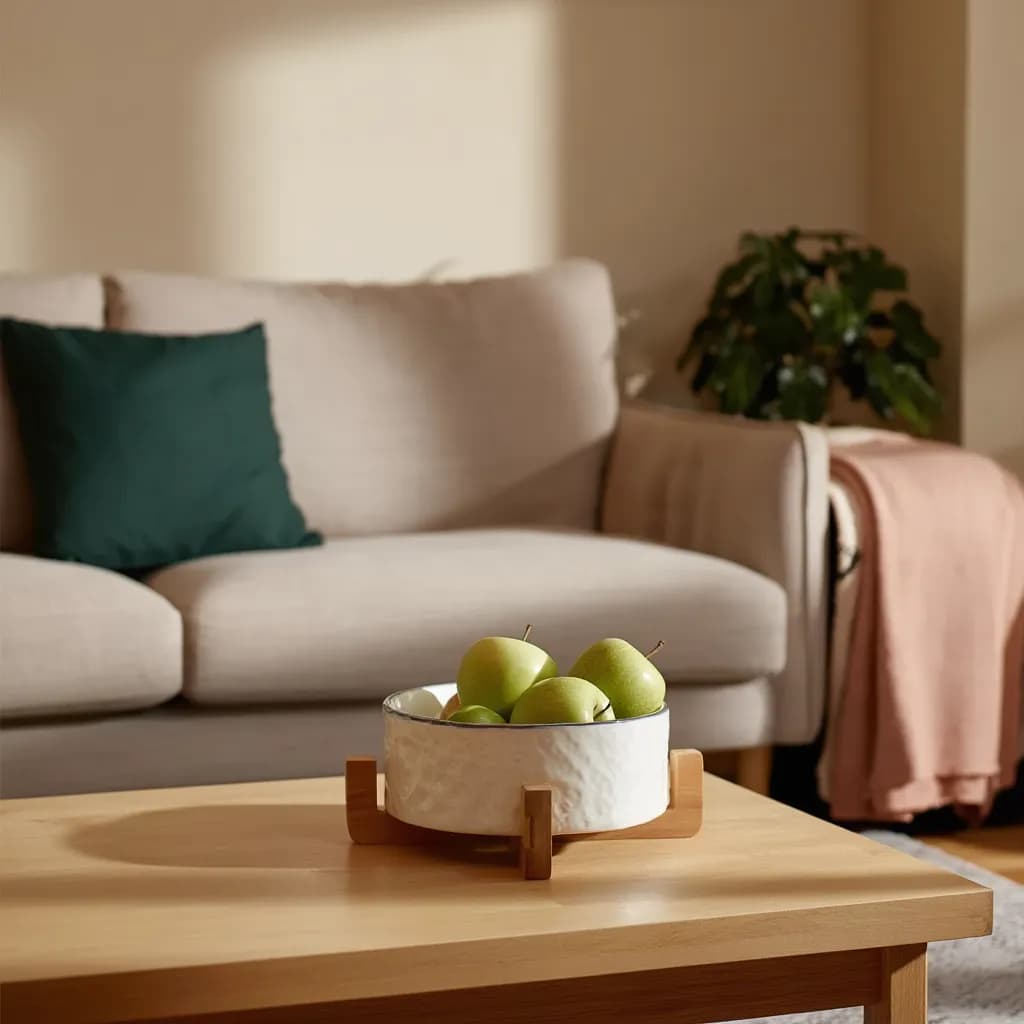 White Porcelain Serving Bowl with Wood Stand