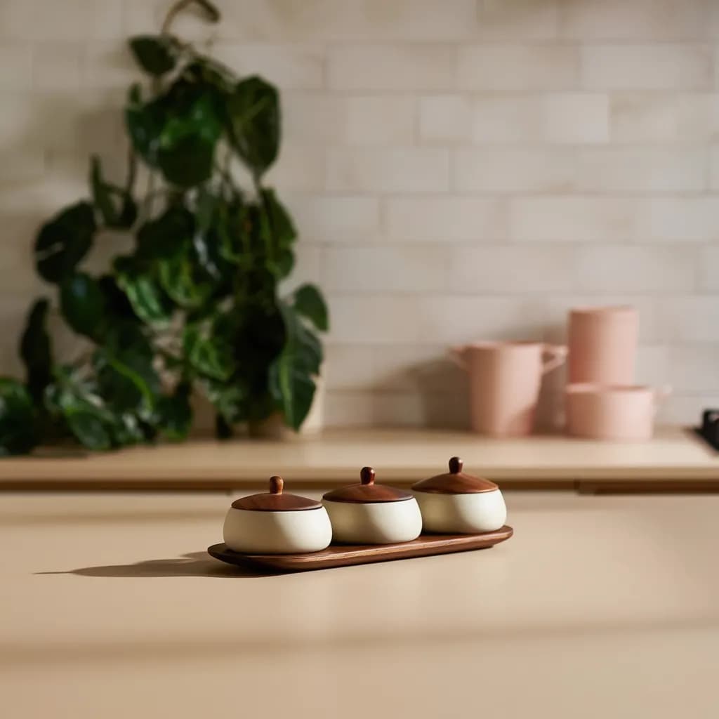 Porcelain Condiment Jars with Wood Tray - 3 Pcs Beige/Brown