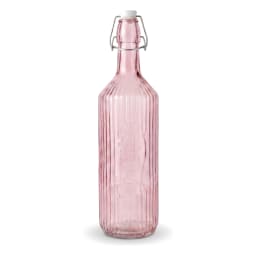 Single pink ribbed glass bottle with a white ceramic and metal swing top stopper on a white background. - view 2
