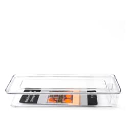 Single clear rectangular acrylic storage box with a transparent lid, empty, displayed on a white shelf. - view 2