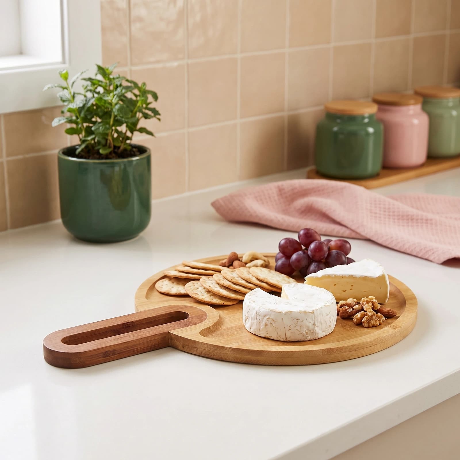 Round Wood Board with Handle - Natural Color