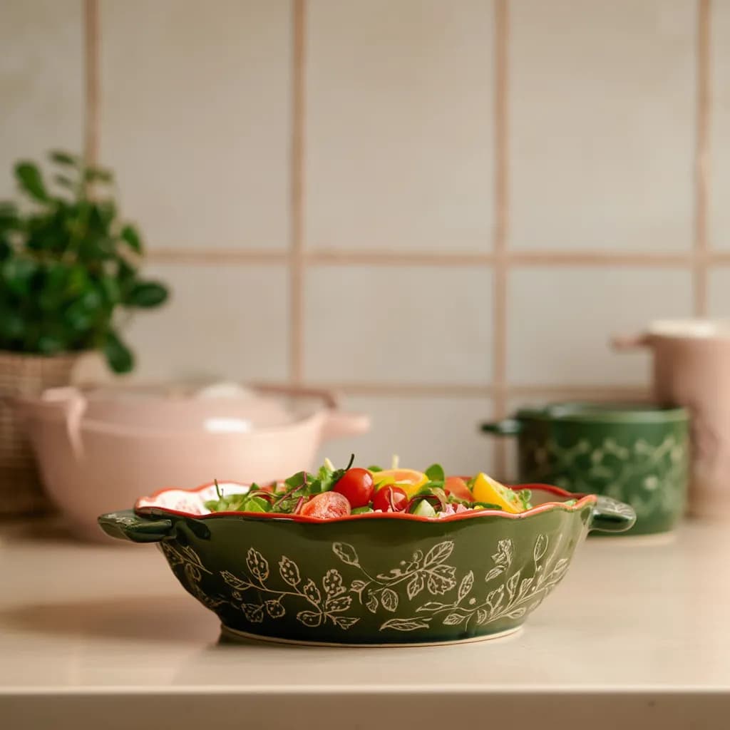 Porcelain Baking Dish with Handles - Green Floral Design